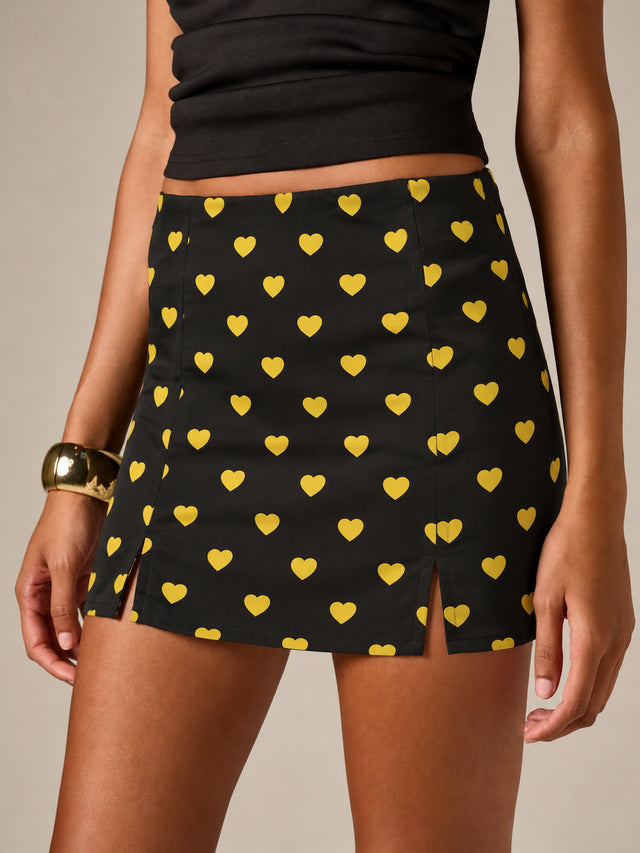 Heartbreaker Black & Yellow Heart Print Mini Skirt