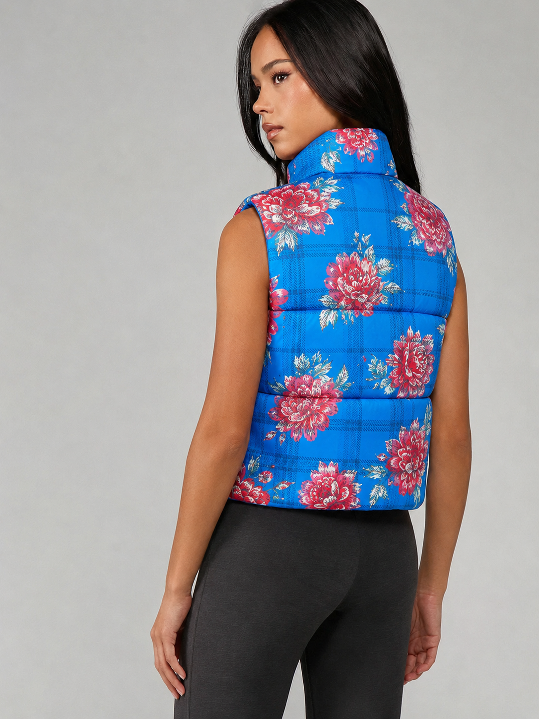 Electric Bloom Blue Floral Sleeveless Puffer Jacket