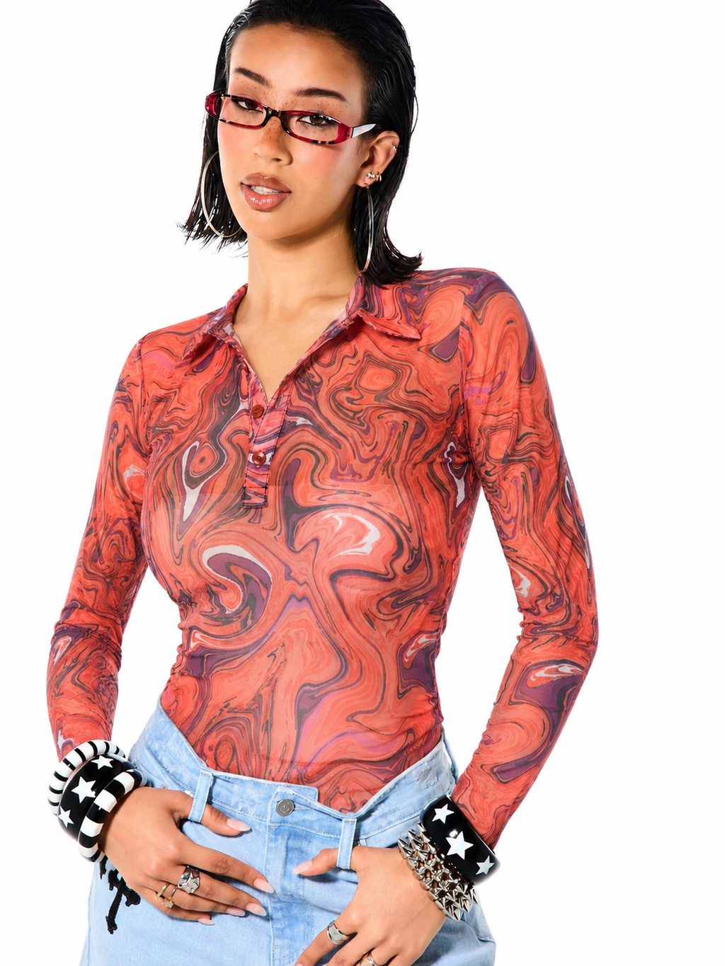 Lava Swirl Printed Mesh Collared Top