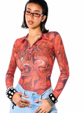 Lava Swirl Printed Mesh Collared Top