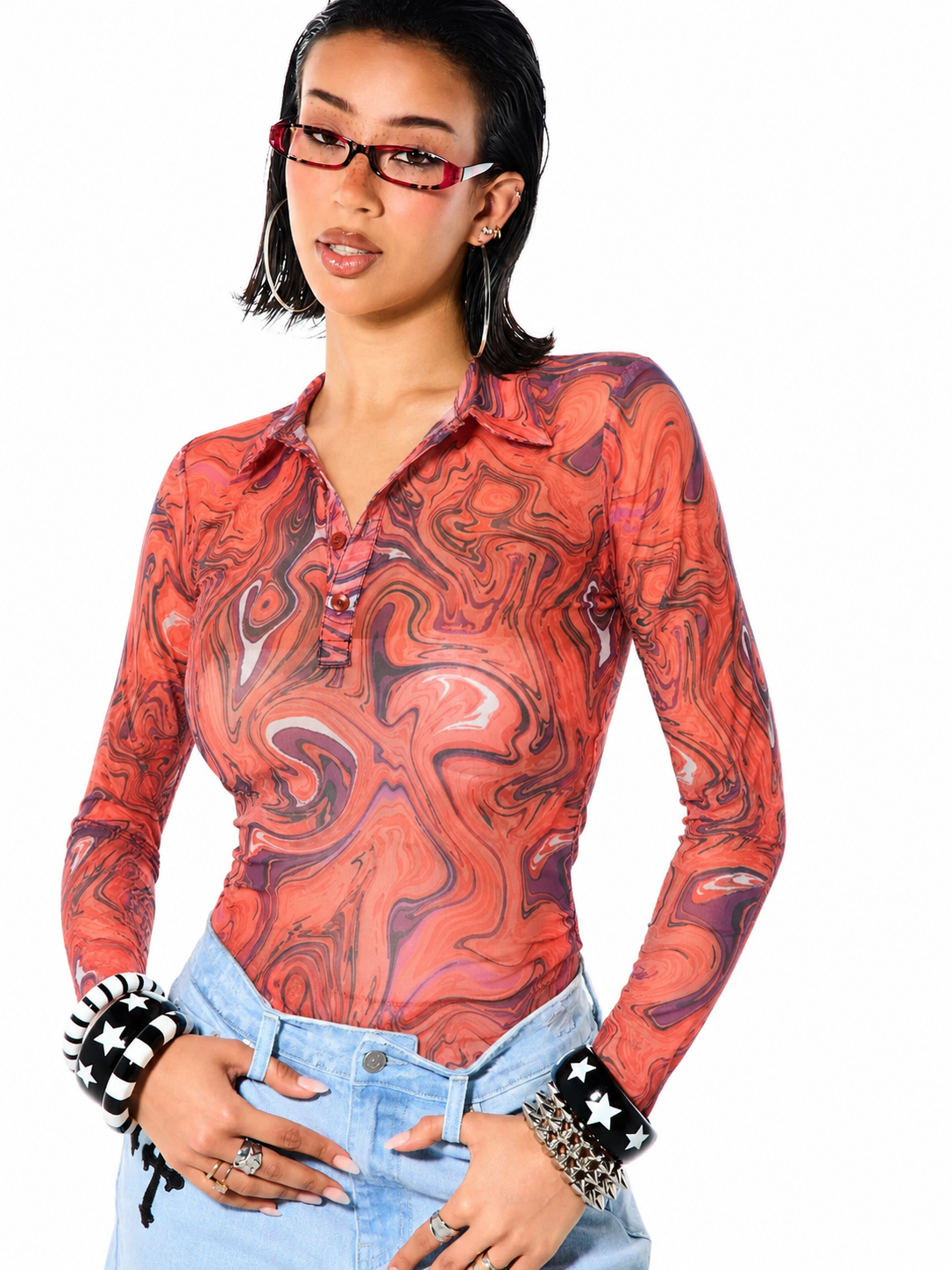 Lava Swirl Printed Mesh Collared Top