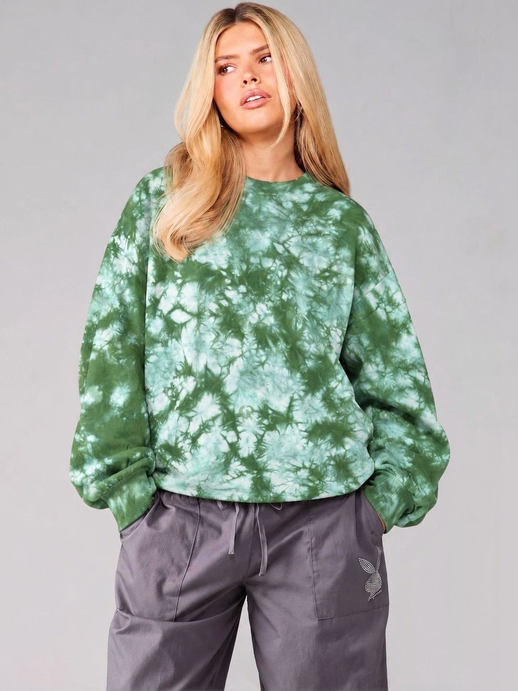 Front view of Forest Haze Green Tie-Dye Oversized Sweatshirt
