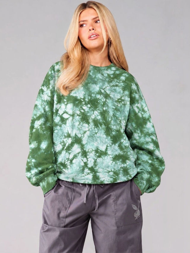 Front view of Forest Haze Green Tie-Dye Oversized Sweatshirt