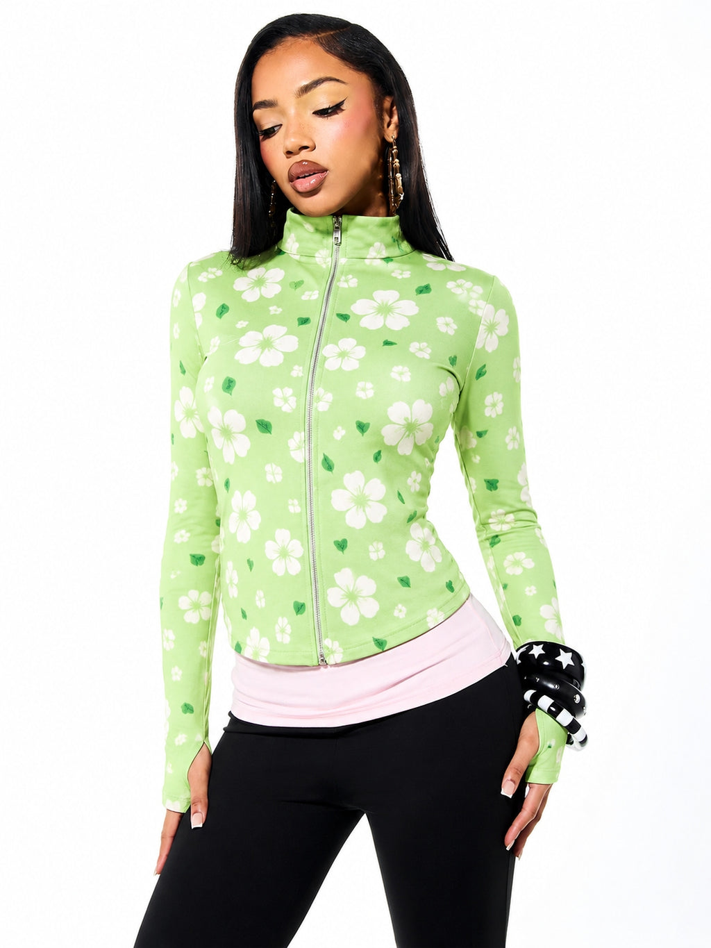 Lime Bloom Green Floral Zip-Up Fitted Top