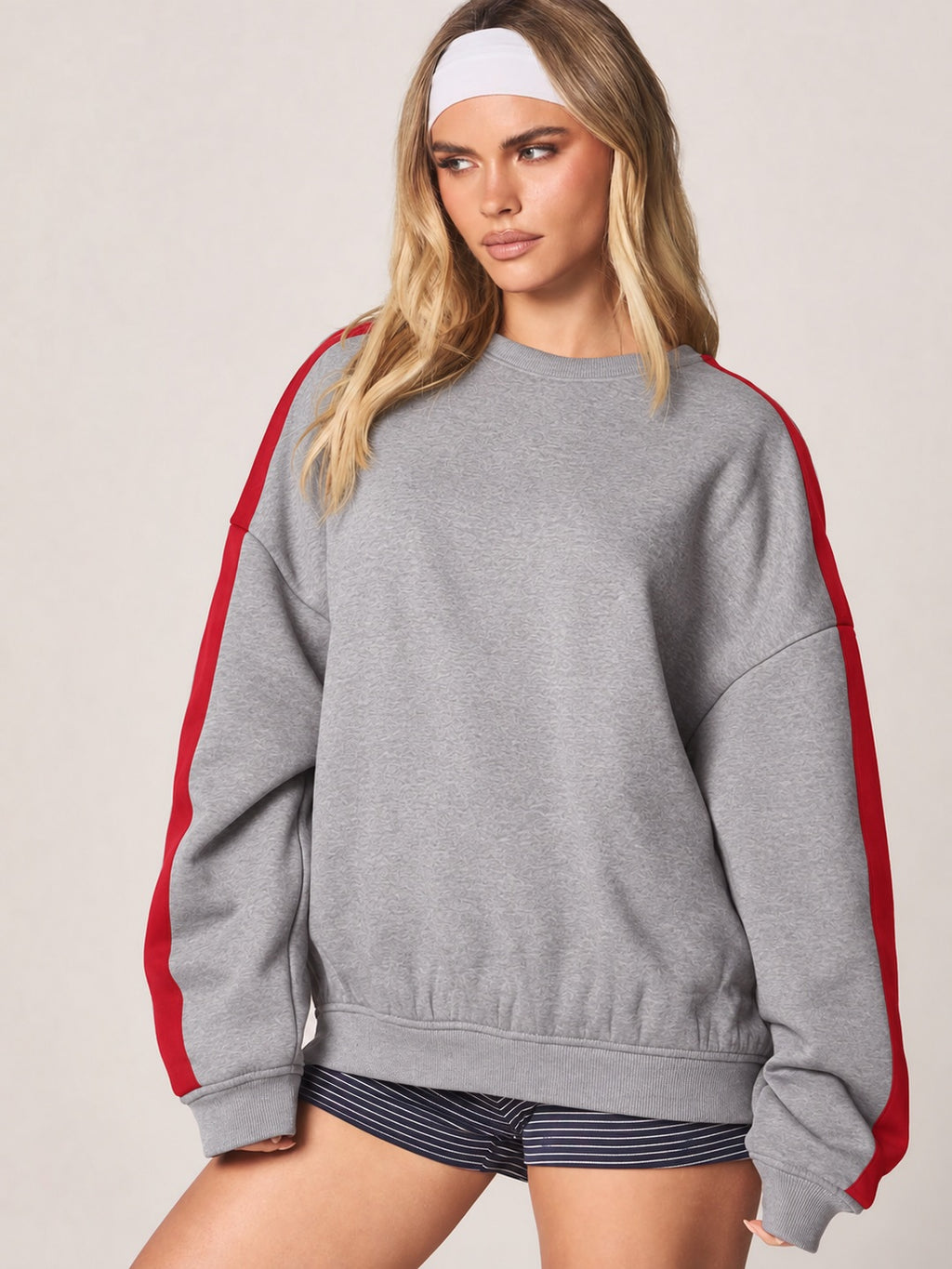 Trackline Grey Oversized Red Stripe Sweatshirt