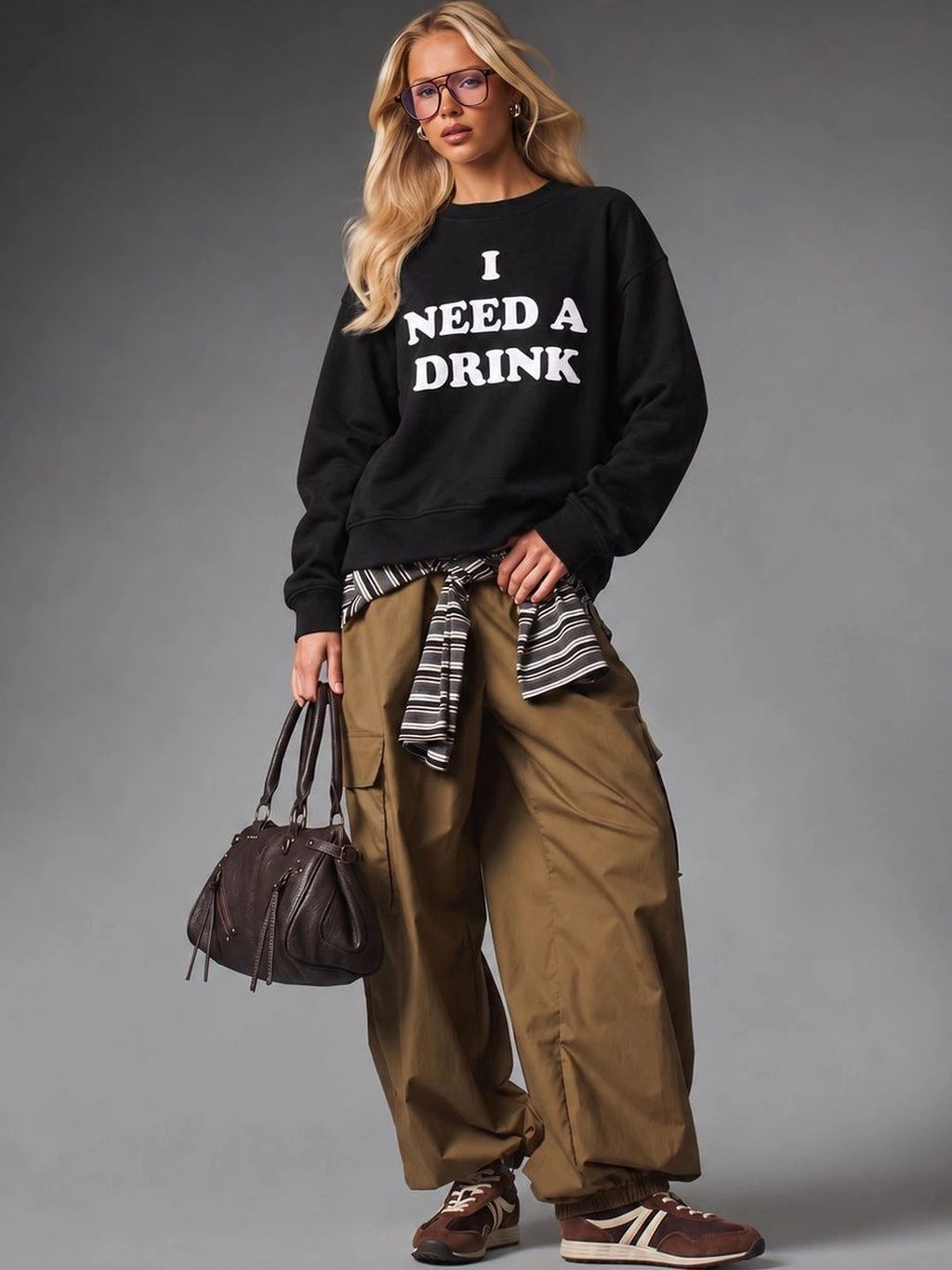Full-length outfit featuring I Need A Drink Black Oversized Sweatshirt styled with cargo trousers