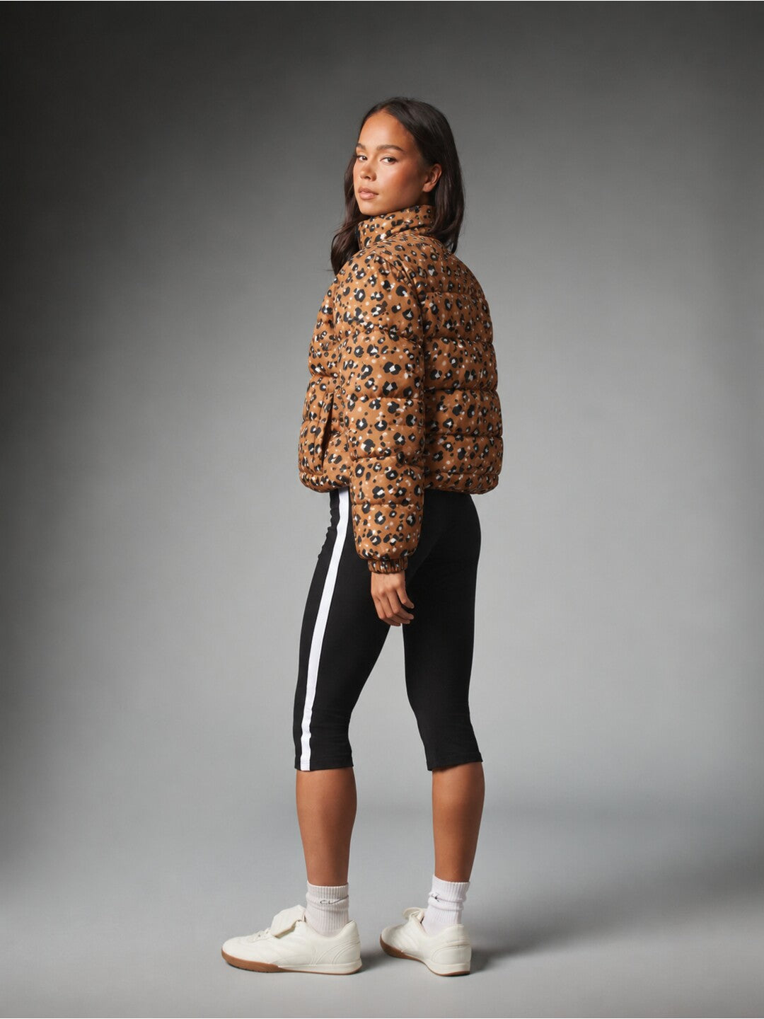 Wild Instinct Leopard Print Cropped Puffer Jacket Brown