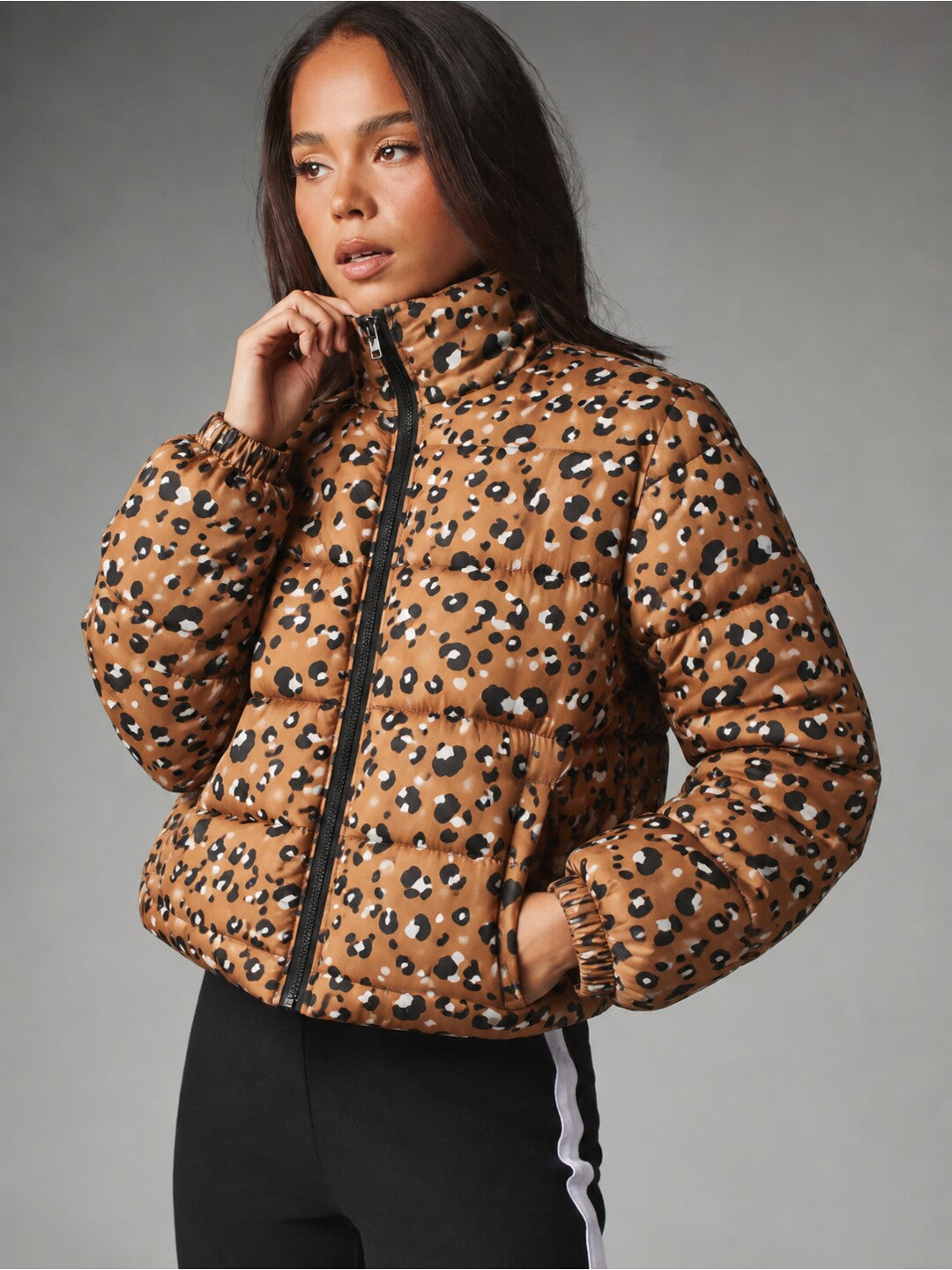 Wild Instinct Leopard Print Cropped Puffer Jacket Brown