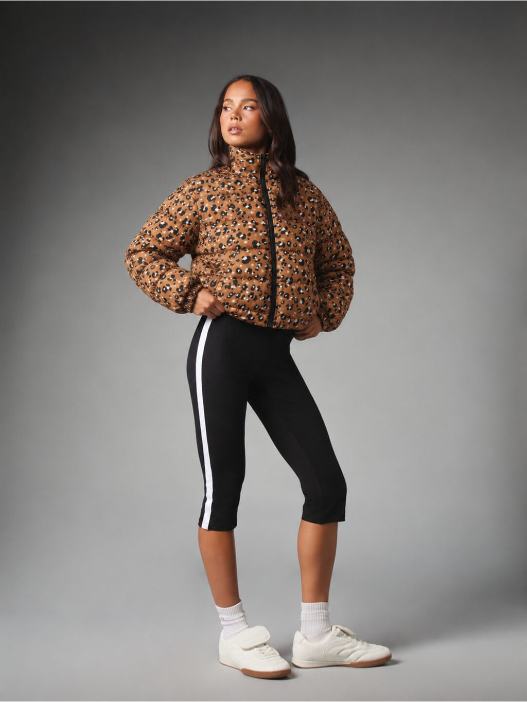 Wild Instinct Leopard Print Cropped Puffer Jacket Brown