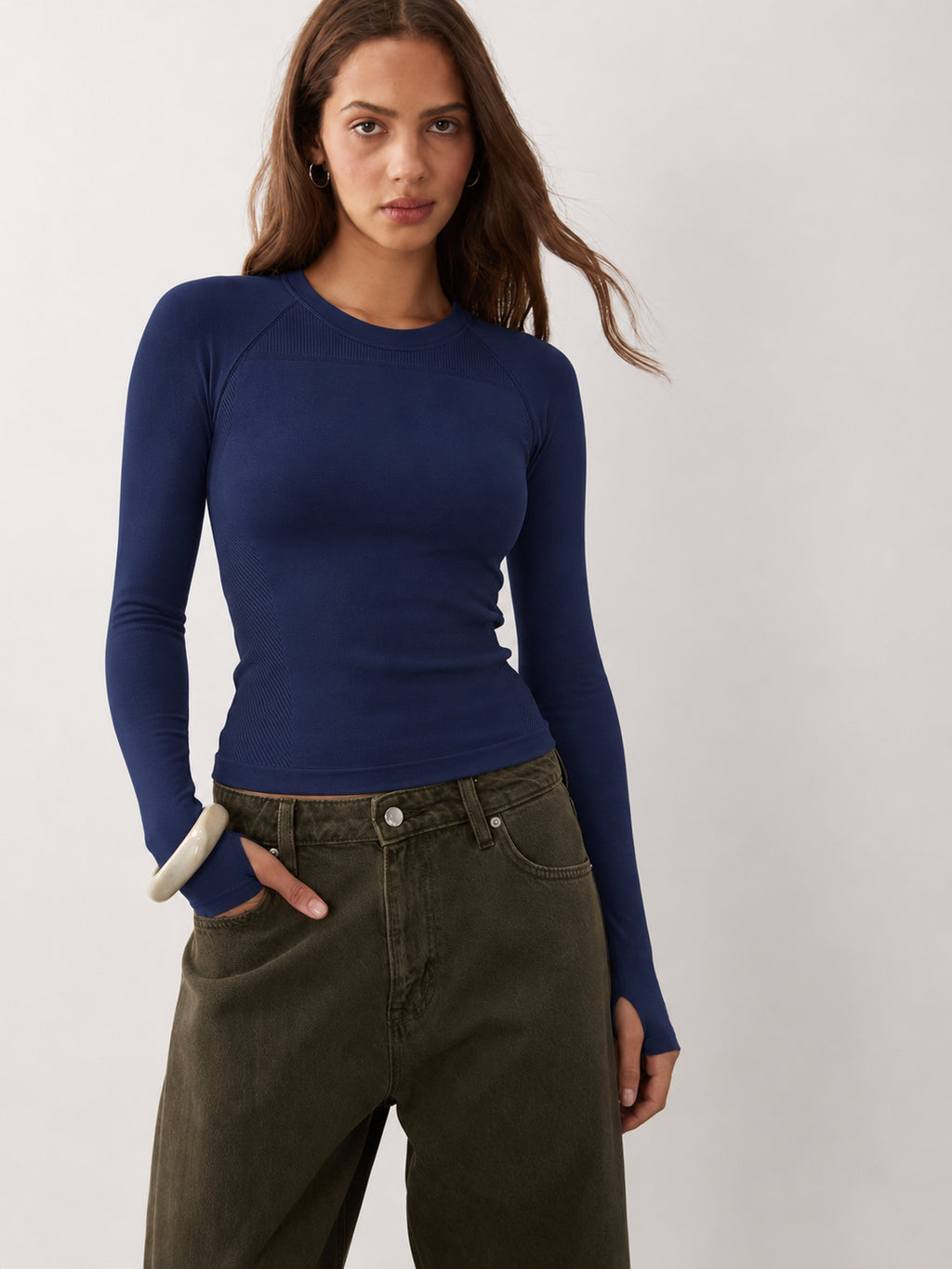 Navy Ribbed Long Sleeve Top