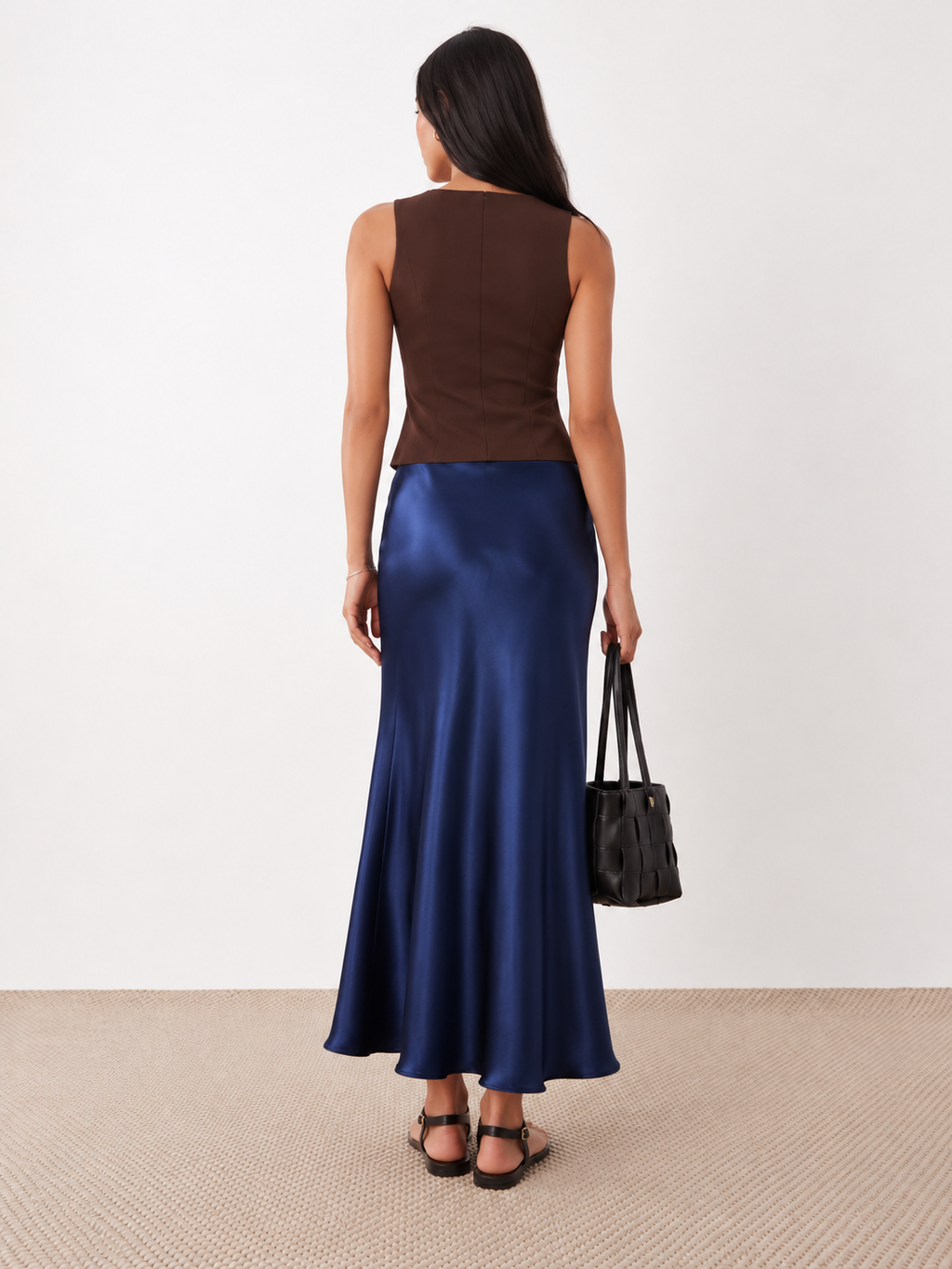 Navy blue satin maxi skirt back view