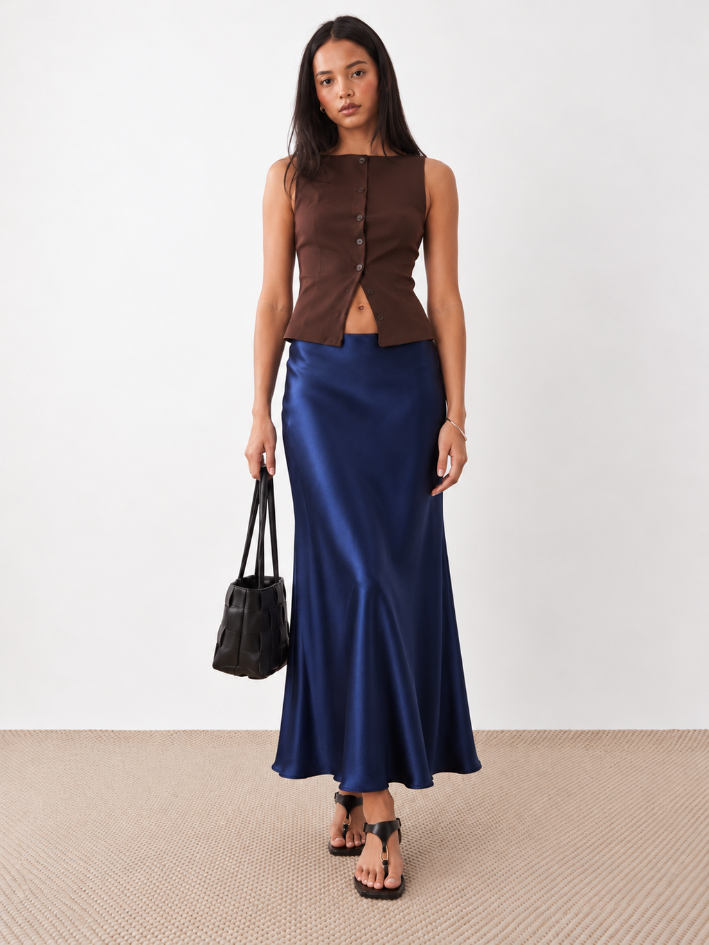 Navy blue satin maxi skirt front view