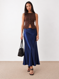 Navy blue satin maxi skirt front view