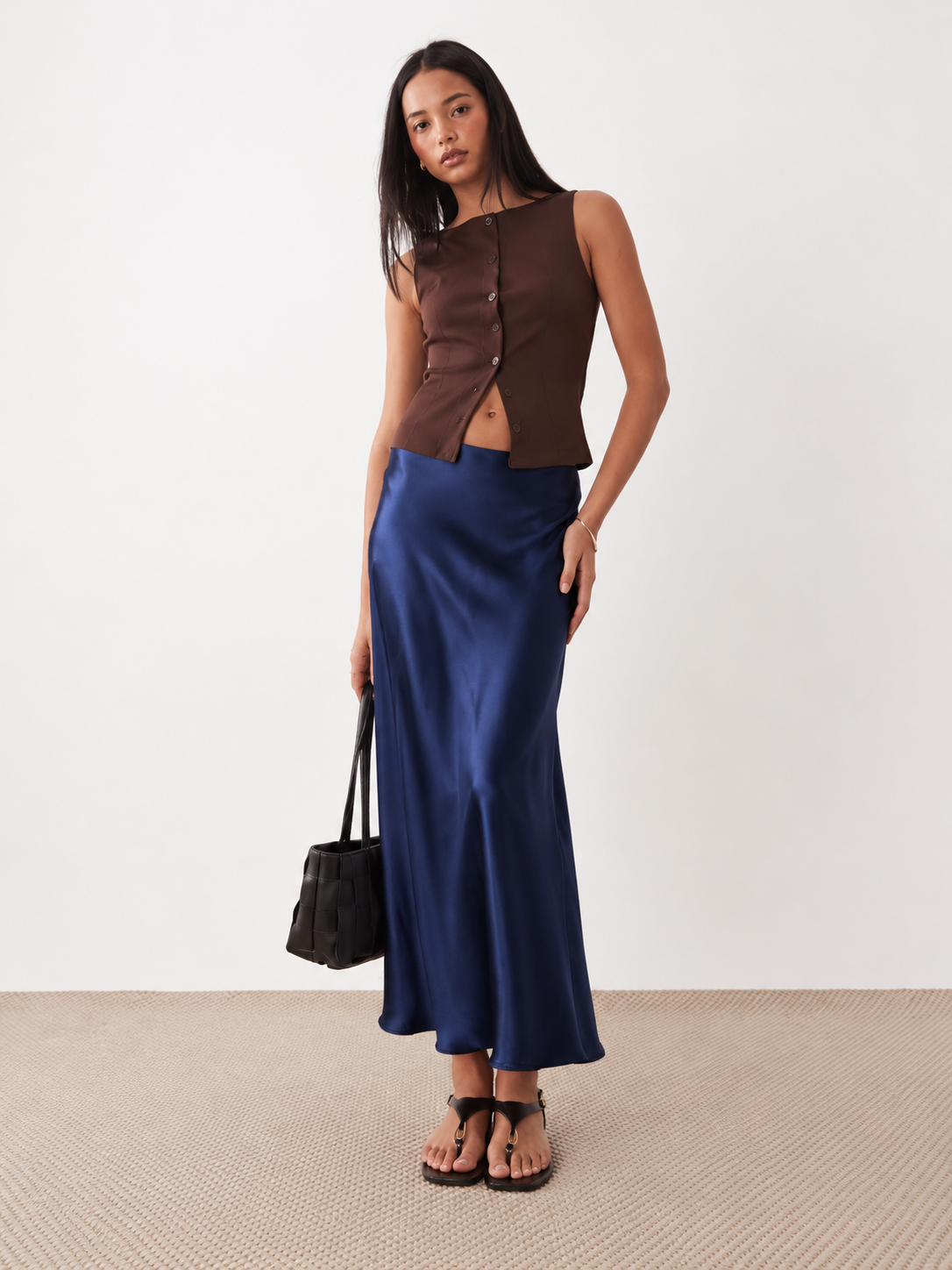 Navy blue satin maxi skirt full length
