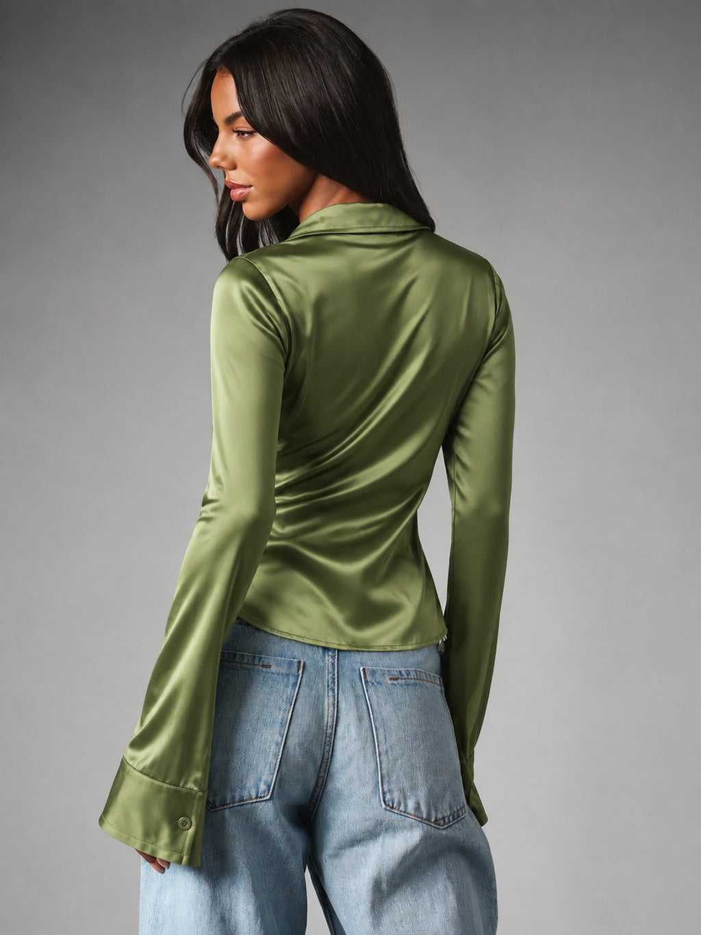 Olive Hour Satin Button Down Shirt