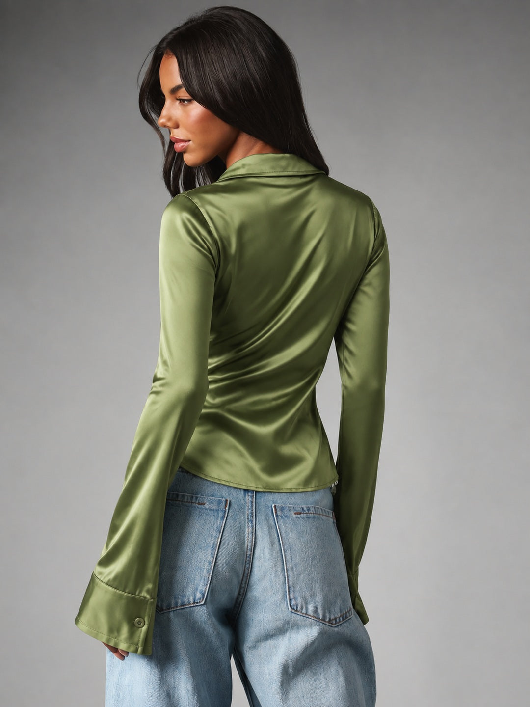 Olive Hour Satin Button Down Shirt