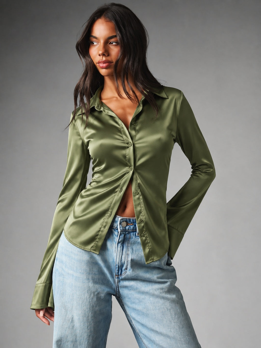 Olive Hour Satin Button Down Shirt