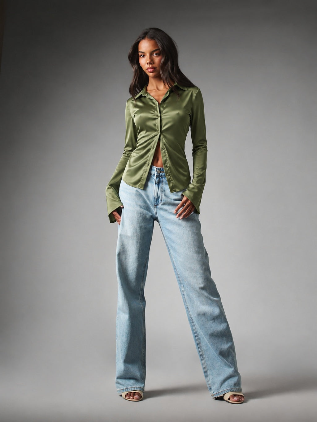 Olive Hour Satin Button Down Shirt