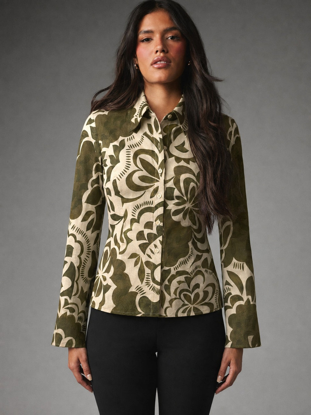 Olive Bloom Floral Long Sleeve Shirt