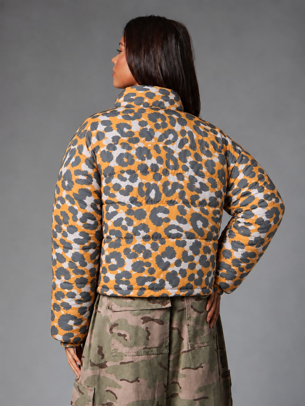 Wild Instinct Floral Print Cropped Puffer Jacket Orange