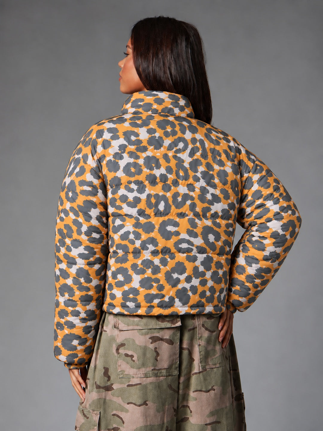 Wild Instinct Floral Print Cropped Puffer Jacket Orange
