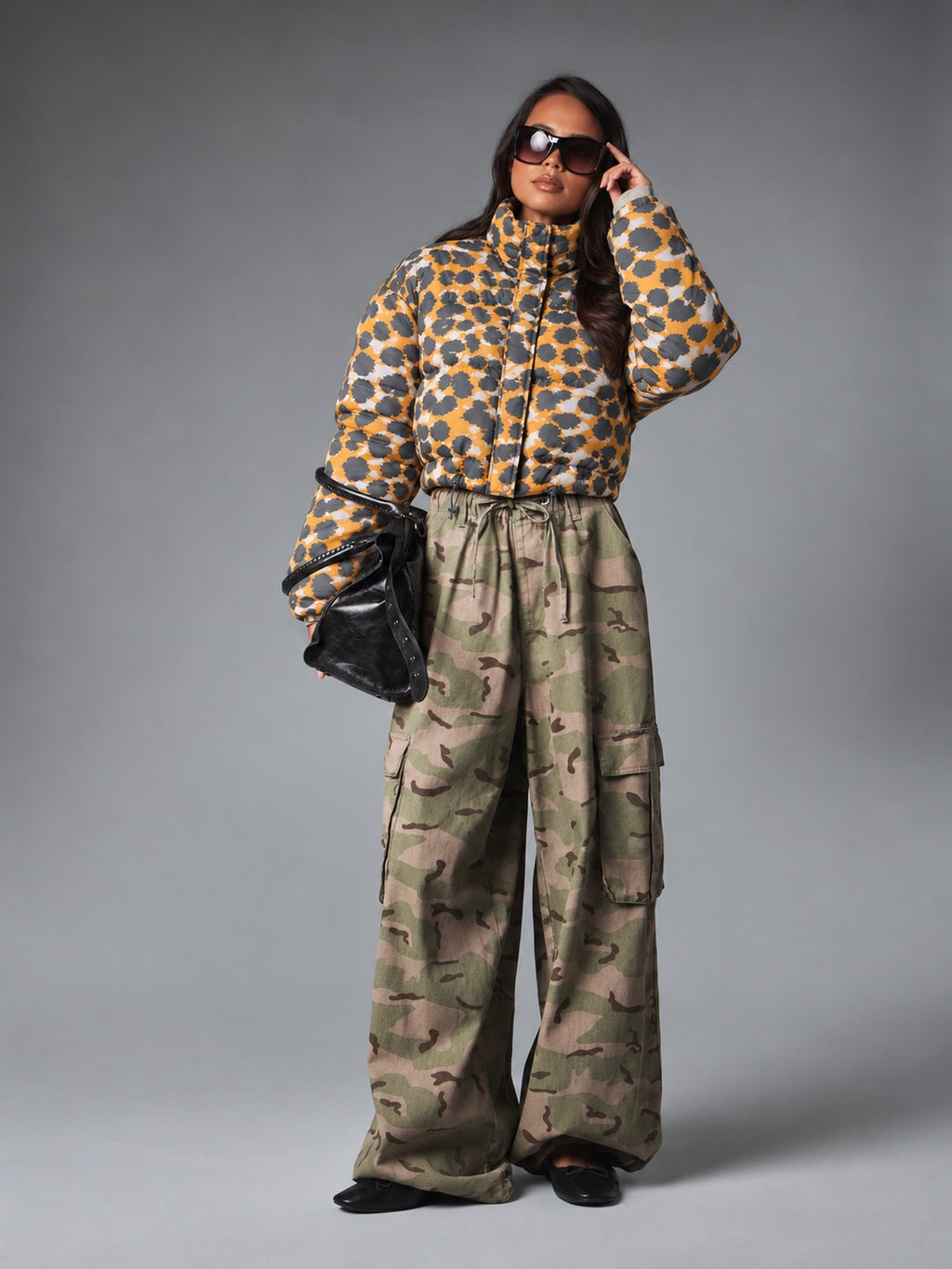 Wild Instinct Floral Print Cropped Puffer Jacket Orange