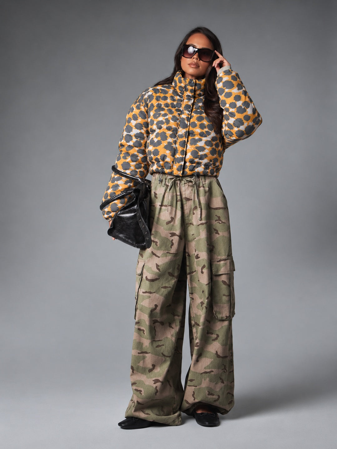 Wild Instinct Floral Print Cropped Puffer Jacket Orange