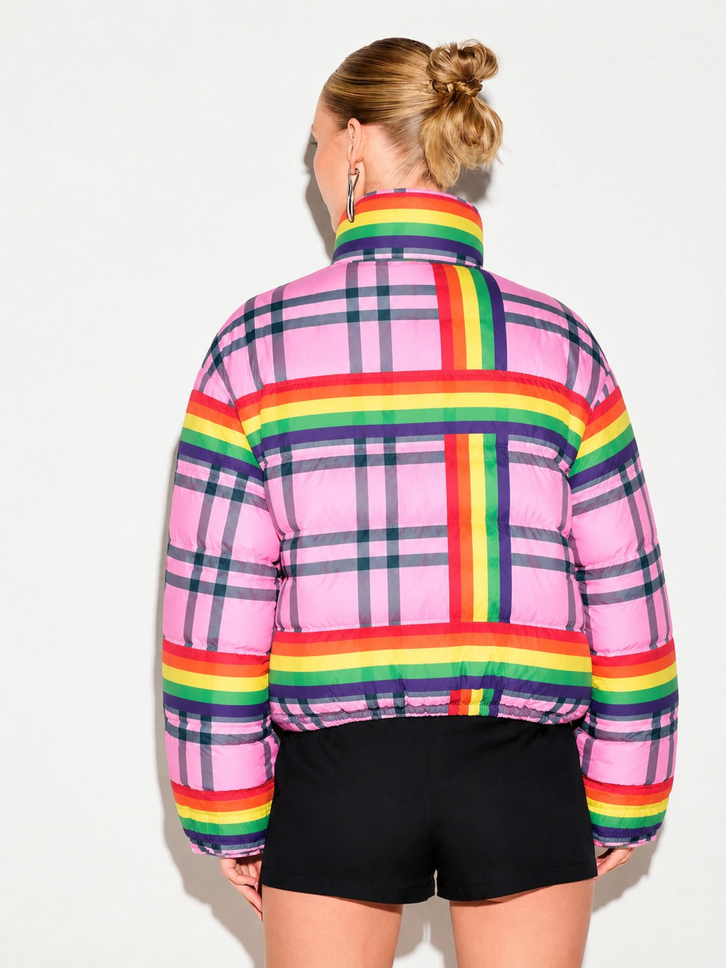 Rainbow Rush Pink Plaid Cropped Puffer Jacket