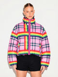 Rainbow Rush Pink Plaid Cropped Puffer Jacket