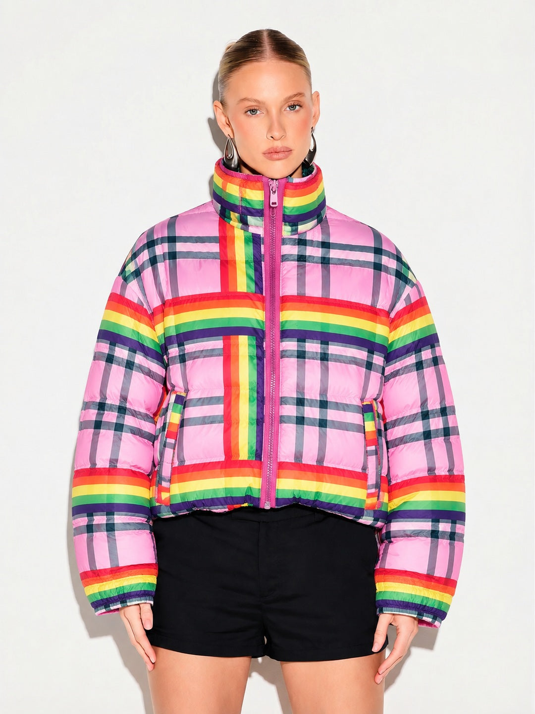Rainbow Rush Pink Plaid Cropped Puffer Jacket