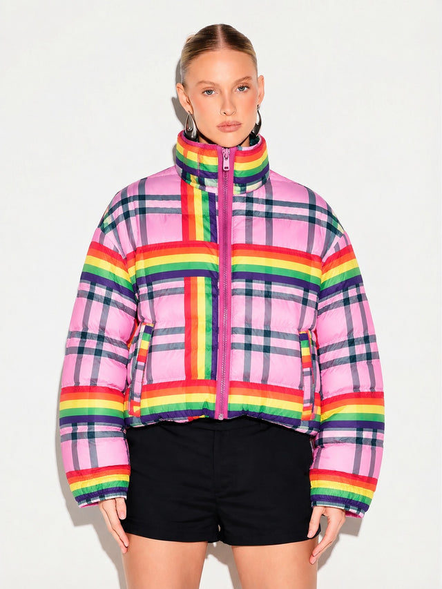 Rainbow Rush Pink Plaid Cropped Puffer Jacket