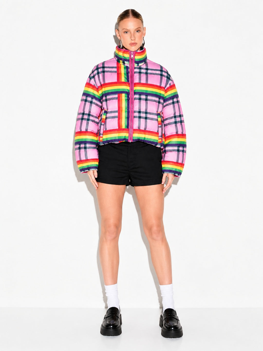 Rainbow Rush Pink Plaid Cropped Puffer Jacket