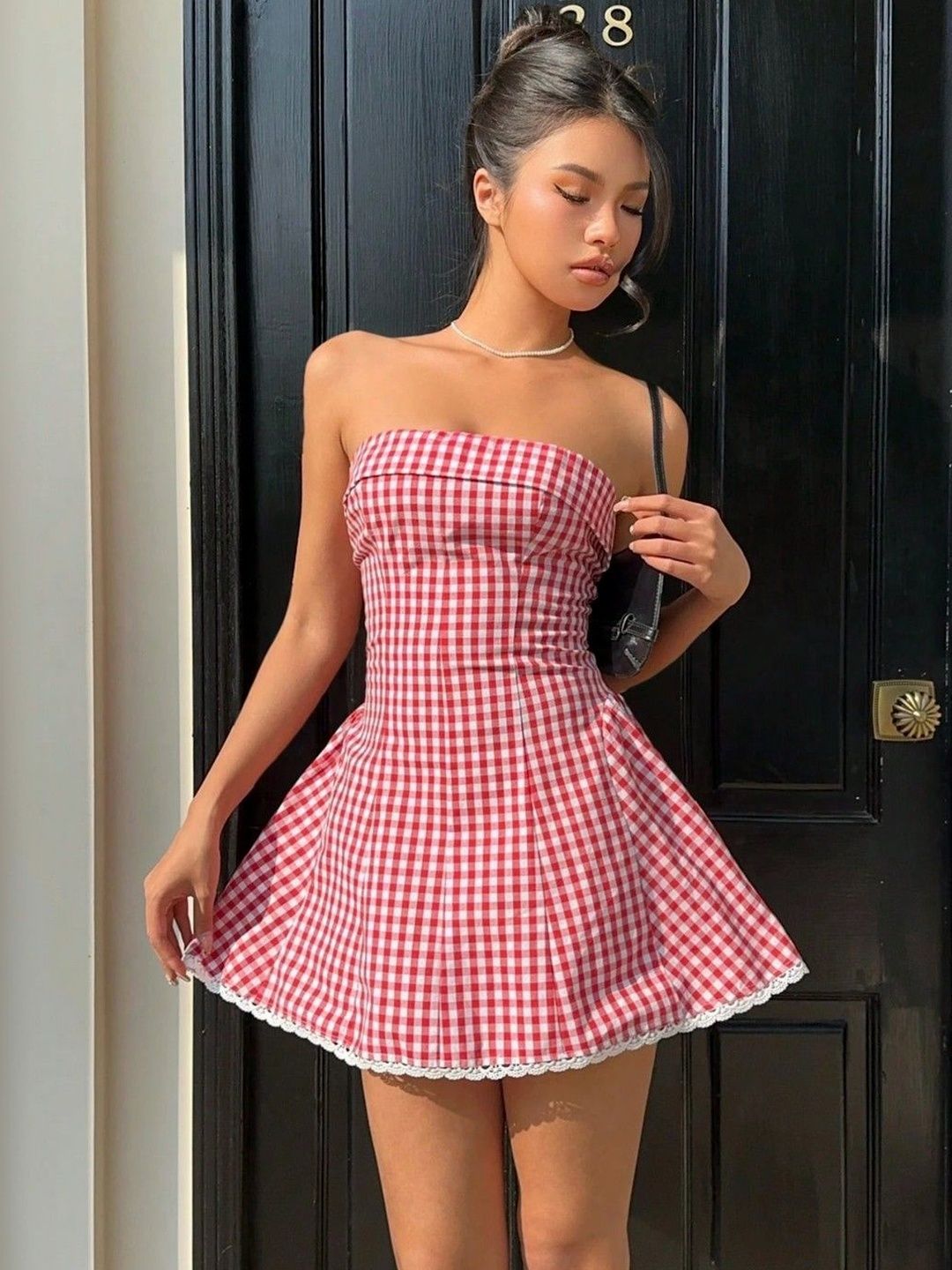 Red check strapless cotton mini dress, full front view