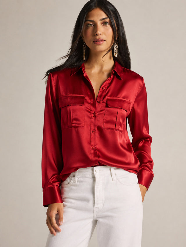 Ruby Hour Red Satin Button Down Shirt