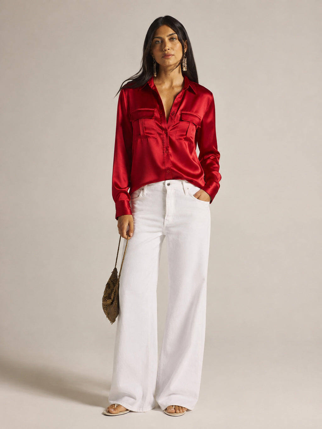 Ruby Hour Red Satin Button Down Shirt