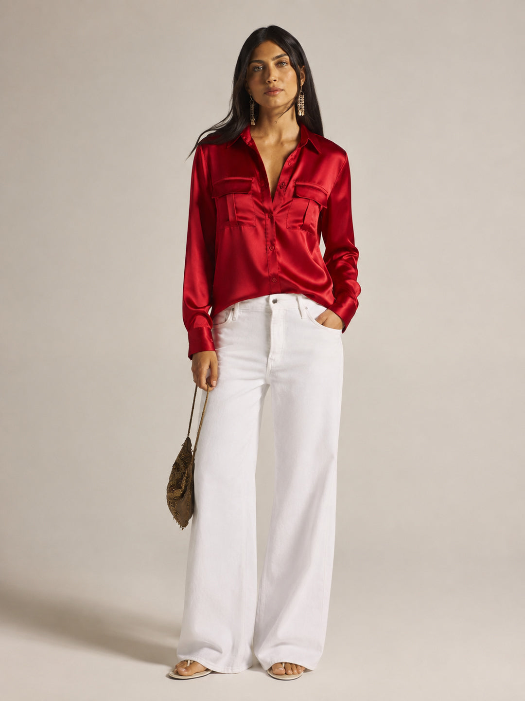 Ruby Hour Red Satin Button Down Shirt